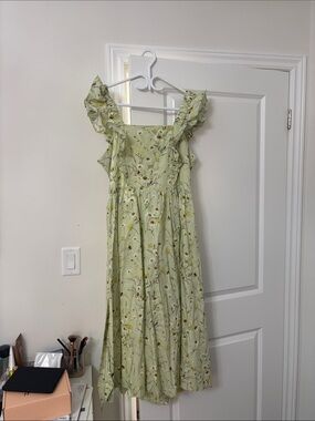 H&M Light Green Floral Midi Dress with Ruffle Straps